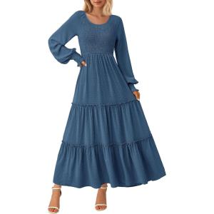 imagePRETTYGARDEN Womens Smocked Maxi Dress Spring Casual Long Sleeve Swiss Dot Ruffle Long Flowy Going Out Dresses with PocketsDark Blue