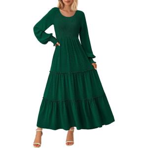 imagePRETTYGARDEN Womens Smocked Maxi Dress Spring Casual Long Sleeve Swiss Dot Ruffle Long Flowy Going Out Dresses with PocketsDark Green