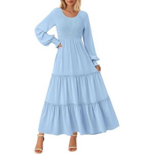 imagePRETTYGARDEN Womens Smocked Maxi Dress Spring Casual Long Sleeve Swiss Dot Ruffle Long Flowy Going Out Dresses with PocketsLight Blue