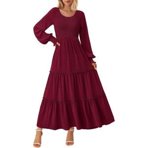 imagePRETTYGARDEN Womens Smocked Maxi Dress Spring Casual Long Sleeve Swiss Dot Ruffle Long Flowy Going Out Dresses with PocketsWine Red
