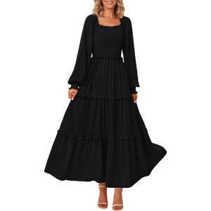 imagePRETTYGARDEN Womens Smocked Spring Maxi Dress Casual Fall Long Sleeve Square Neck Tiered A Line Flowy Dresses with PocketsBlack