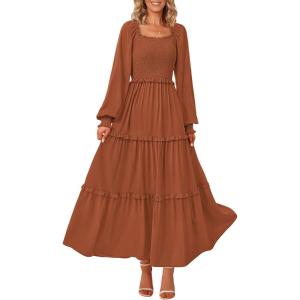 imagePRETTYGARDEN Womens Smocked Spring Maxi Dress Casual Fall Long Sleeve Square Neck Tiered A Line Flowy Dresses with PocketsBrown