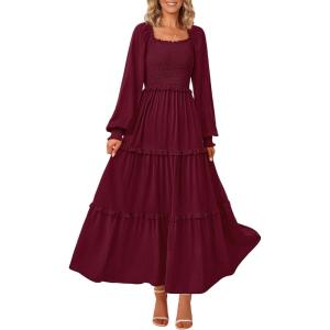 imagePRETTYGARDEN Womens Smocked Spring Maxi Dress Casual Fall Long Sleeve Square Neck Tiered A Line Flowy Dresses with PocketsDark Wine Red