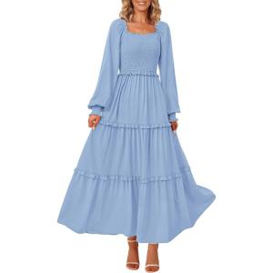 imagePRETTYGARDEN Womens Smocked Spring Maxi Dress Casual Fall Long Sleeve Square Neck Tiered A Line Flowy Dresses with PocketsLight Blue