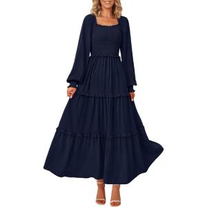 imagePRETTYGARDEN Womens Smocked Spring Maxi Dress Casual Fall Long Sleeve Square Neck Tiered A Line Flowy Dresses with PocketsNavy