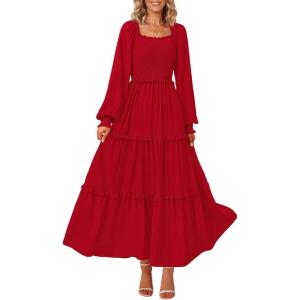 imagePRETTYGARDEN Womens Smocked Spring Maxi Dress Casual Fall Long Sleeve Square Neck Tiered A Line Flowy Dresses with PocketsRed