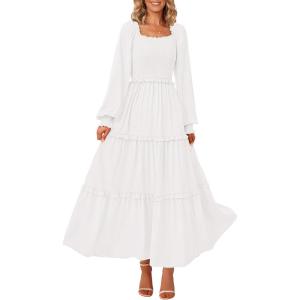 imagePRETTYGARDEN Womens Smocked Spring Maxi Dress Casual Fall Long Sleeve Square Neck Tiered A Line Flowy Dresses with PocketsWhite