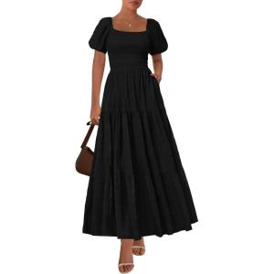 imagePRETTYGARDEN Womens Summer Puff Short Sleeve Maxi Dress Square Neck Smocked Tiered Ruffle A Line Long Flowy Beach DressesBlack