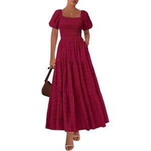 imagePRETTYGARDEN Womens Summer Puff Short Sleeve Maxi Dress Square Neck Smocked Tiered Ruffle A Line Long Flowy Beach DressesWine Red