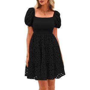 imagePRETTYGARDEN Womens Summer Puff Sleeve Mini Dress Off Shoulder Eyelet Smocked A Line Casual Babydoll Short DressesBlack