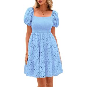 imagePRETTYGARDEN Womens Summer Puff Sleeve Mini Dress Off Shoulder Eyelet Smocked A Line Casual Babydoll Short DressesBlue