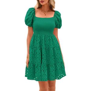 imagePRETTYGARDEN Womens Summer Puff Sleeve Mini Dress Off Shoulder Eyelet Smocked A Line Casual Babydoll Short DressesGreen