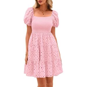 imagePRETTYGARDEN Womens Summer Puff Sleeve Mini Dress Off Shoulder Eyelet Smocked A Line Casual Babydoll Short DressesPink