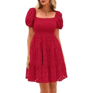 imagePRETTYGARDEN Womens Summer Puff Sleeve Mini Dress Off Shoulder Eyelet Smocked A Line Casual Babydoll Short DressesRed