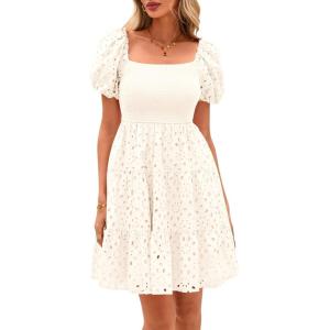 imagePRETTYGARDEN Womens Summer Puff Sleeve Mini Dress Off Shoulder Eyelet Smocked A Line Casual Babydoll Short DressesWhite