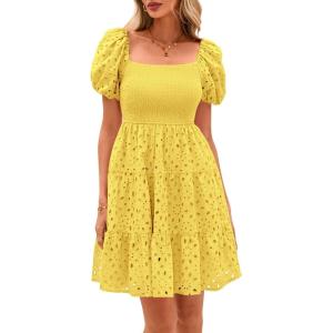 imagePRETTYGARDEN Womens Summer Puff Sleeve Mini Dress Off Shoulder Eyelet Smocked A Line Casual Babydoll Short DressesYellow