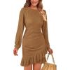imagePRETTYGARDEN Womens Spring Fall Ruched Bodycon Mini Dress Long Puff Sleeve Ruffle Fitted Cocktail Party DressesKhaki