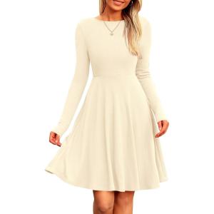 imagePRETTYGARDEN Womens Spring Fall Short Dress Ribbed Knit Crewneck Long Sleeve A Line Flowy Casual Elegant Going Out DressesBeige