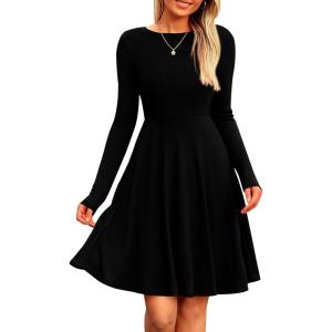 imagePRETTYGARDEN Womens Spring Fall Short Dress Ribbed Knit Crewneck Long Sleeve A Line Flowy Casual Elegant Going Out DressesBlack