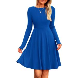 imagePRETTYGARDEN Womens Spring Fall Short Dress Ribbed Knit Crewneck Long Sleeve A Line Flowy Casual Elegant Going Out DressesBlue
