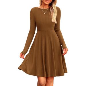imagePRETTYGARDEN Womens Spring Fall Short Dress Ribbed Knit Crewneck Long Sleeve A Line Flowy Casual Elegant Going Out DressesBrown