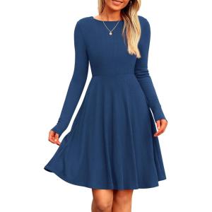 imagePRETTYGARDEN Womens Spring Fall Short Dress Ribbed Knit Crewneck Long Sleeve A Line Flowy Casual Elegant Going Out DressesDark Blue