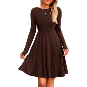 imagePRETTYGARDEN Womens Spring Fall Short Dress Ribbed Knit Crewneck Long Sleeve A Line Flowy Casual Elegant Going Out DressesDark Coffee