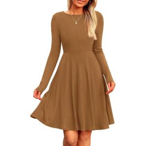 imagePRETTYGARDEN Womens Spring Fall Short Dress Ribbed Knit Crewneck Long Sleeve A Line Flowy Casual Elegant Going Out DressesDark Khaki