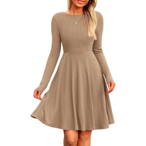 imagePRETTYGARDEN Womens Spring Fall Short Dress Ribbed Knit Crewneck Long Sleeve A Line Flowy Casual Elegant Going Out DressesKhaki