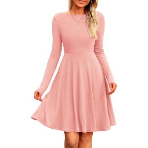 imagePRETTYGARDEN Womens Spring Fall Short Dress Ribbed Knit Crewneck Long Sleeve A Line Flowy Casual Elegant Going Out DressesPink