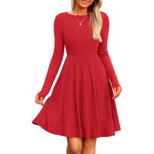 imagePRETTYGARDEN Womens Spring Fall Short Dress Ribbed Knit Crewneck Long Sleeve A Line Flowy Casual Elegant Going Out DressesRed