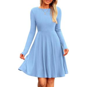 imagePRETTYGARDEN Womens Spring Fall Short Dress Ribbed Knit Crewneck Long Sleeve A Line Flowy Casual Elegant Going Out DressesSky Blue