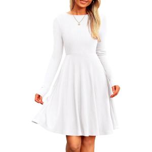imagePRETTYGARDEN Womens Spring Fall Short Dress Ribbed Knit Crewneck Long Sleeve A Line Flowy Casual Elegant Going Out DressesWhite