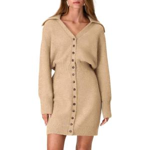 imagePRETTYGARDEN Sweater Dresses for Women 2025 Trendy Long Sleeve Button Down Short Spring DressKhaki