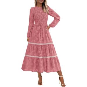imagePRETTYGARDEN Womens Spring Midi Dress Fall Elegant Long Sleeve Smocked Flowy Boho Floral Wedding Guest Party DressesBean Paste Pink