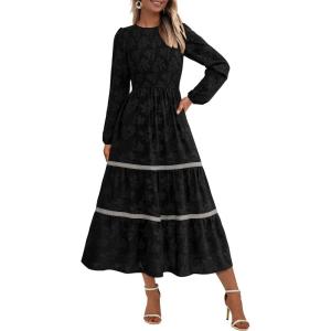 imagePRETTYGARDEN Womens Spring Midi Dress Fall Elegant Long Sleeve Smocked Flowy Boho Floral Wedding Guest Party DressesBlack