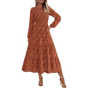 imagePRETTYGARDEN Womens Spring Midi Dress Fall Elegant Long Sleeve Smocked Flowy Boho Floral Wedding Guest Party DressesBrick Red