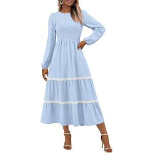 imagePRETTYGARDEN Womens Spring Midi Dress Fall Elegant Long Sleeve Smocked Flowy Boho Floral Wedding Guest Party DressesLight Blue