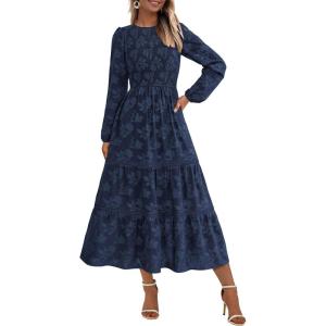 imagePRETTYGARDEN Womens Spring Midi Dress Fall Elegant Long Sleeve Smocked Flowy Boho Floral Wedding Guest Party DressesNavy