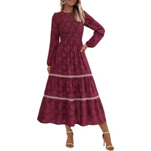 imagePRETTYGARDEN Womens Spring Midi Dress Fall Elegant Long Sleeve Smocked Flowy Boho Floral Wedding Guest Party DressesWine Red