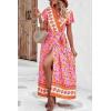 imagePRETTYGARDEN Women Boho Summer Side Split Deep V Neck Short Sleeves Maxi Dress with BeltFloral Pink