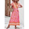 imagePRETTYGARDEN Women Boho Summer Side Split Deep V Neck Short Sleeves Maxi Dress with BeltFloral Pink