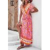 imagePRETTYGARDEN Women Boho Summer Side Split Deep V Neck Short Sleeves Maxi Dress with BeltFloral Pink
