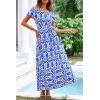 imagePRETTYGARDEN Women Boho Summer Side Split Deep V Neck Short Sleeves Maxi Dress with BeltPrint Blue