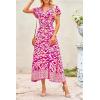 imagePRETTYGARDEN Women Boho Summer Side Split Deep V Neck Short Sleeves Maxi Dress with BeltPrint Rose Red