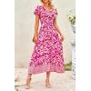 imagePRETTYGARDEN Women Boho Summer Side Split Deep V Neck Short Sleeves Maxi Dress with BeltPrint Rose Red