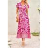 imagePRETTYGARDEN Women Boho Summer Side Split Deep V Neck Short Sleeves Maxi Dress with BeltPrint Rose Red