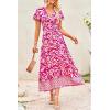 imagePRETTYGARDEN Women Boho Summer Side Split Deep V Neck Short Sleeves Maxi Dress with BeltPrint Rose Red