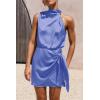imagePRETTYGARDEN Womens Short Formal Satin Dress Summer Sleeveless Mock Neck Tie Waist Cocktail Party DressesBlue