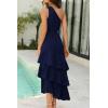 imagePRETTYGARDEN Womens Summer Floral Sundress Casual One Shoulder Tiered Ruffle Flowy Midi Beach Boho DressesSwiss Dot Navy